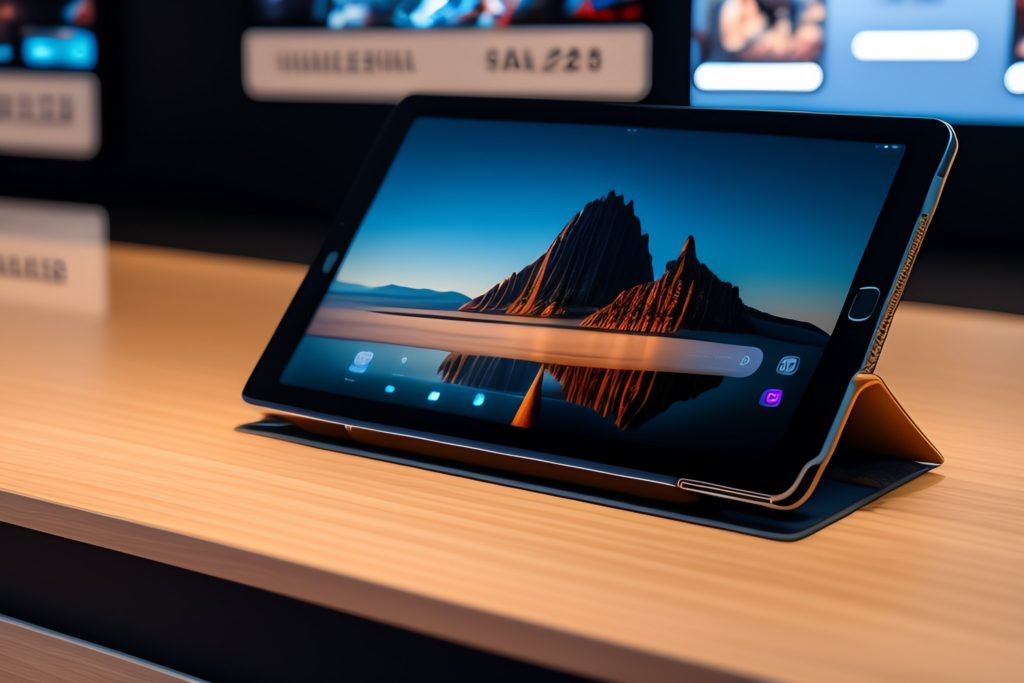 tablette tactile sur un présentoir de commerce