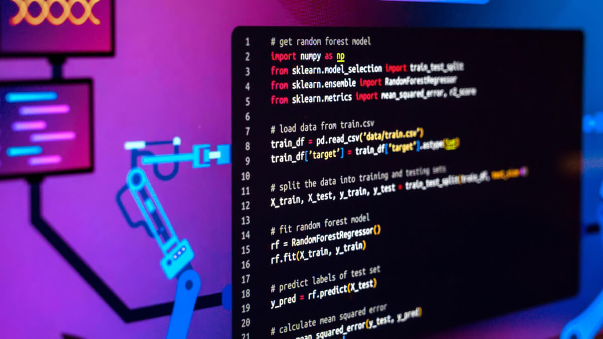 Code Python de machine learning avec pandas et scikit-learn affiché à l'écran, comme dans un notebook Google Colab