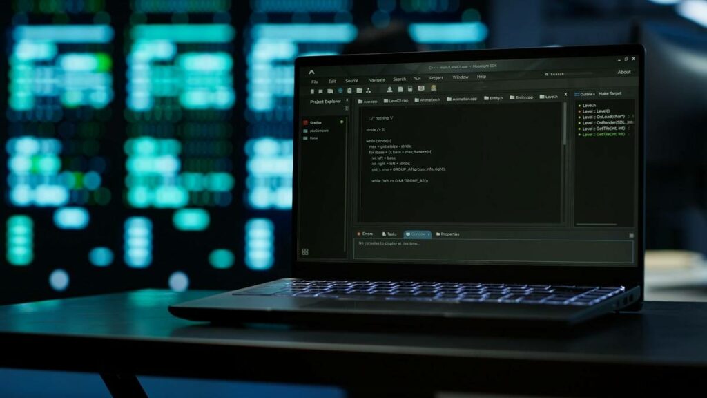 Ordinateur portable affichant un éditeur de code devant des baies de serveurs, l'environnement de travail d'un notebook Kaggle