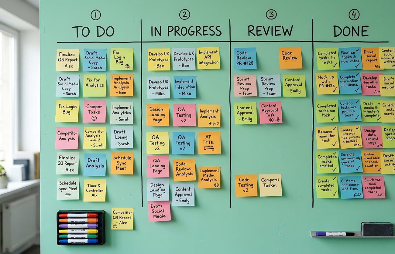 Tableau Kanban mural en quatre colonnes, À faire, En cours, Revue et Terminé, couvert de Post-it, sur le principe des listes de Trello